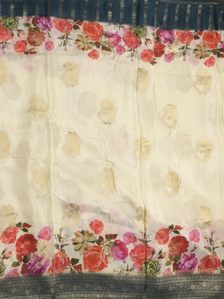 Dola silk fancy saree white color allover prints & zari border with printed pallu and attached blouse