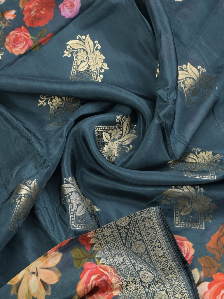Dola silk fancy saree navy blue color allover prints & zari border with printed pallu and attached blouse
