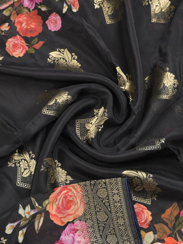 Dola silk fancy saree black color allover prints & zari border with printed pallu and attached blouse