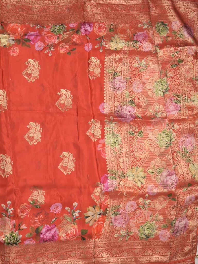Dola silk fancy saree red color allover prints & zari border with printed pallu and attached blouse