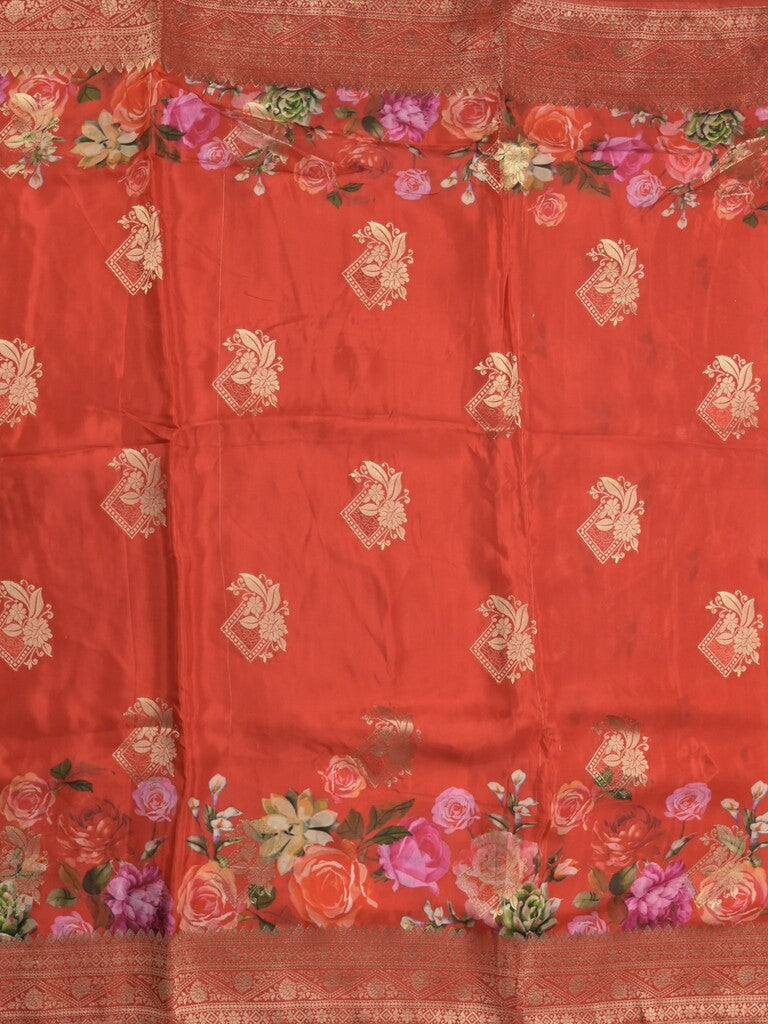 Dola silk fancy saree red color allover prints & zari border with printed pallu and attached blouse