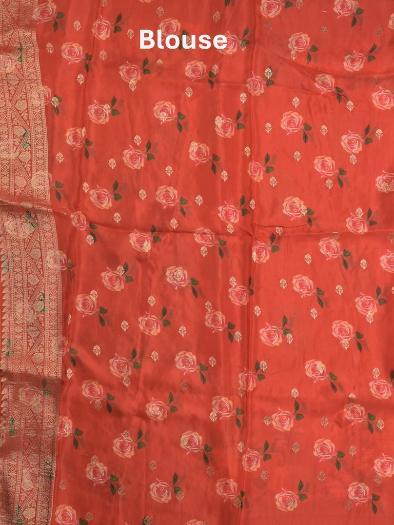 Dola silk fancy saree red color allover prints & zari border with printed pallu and attached blouse
