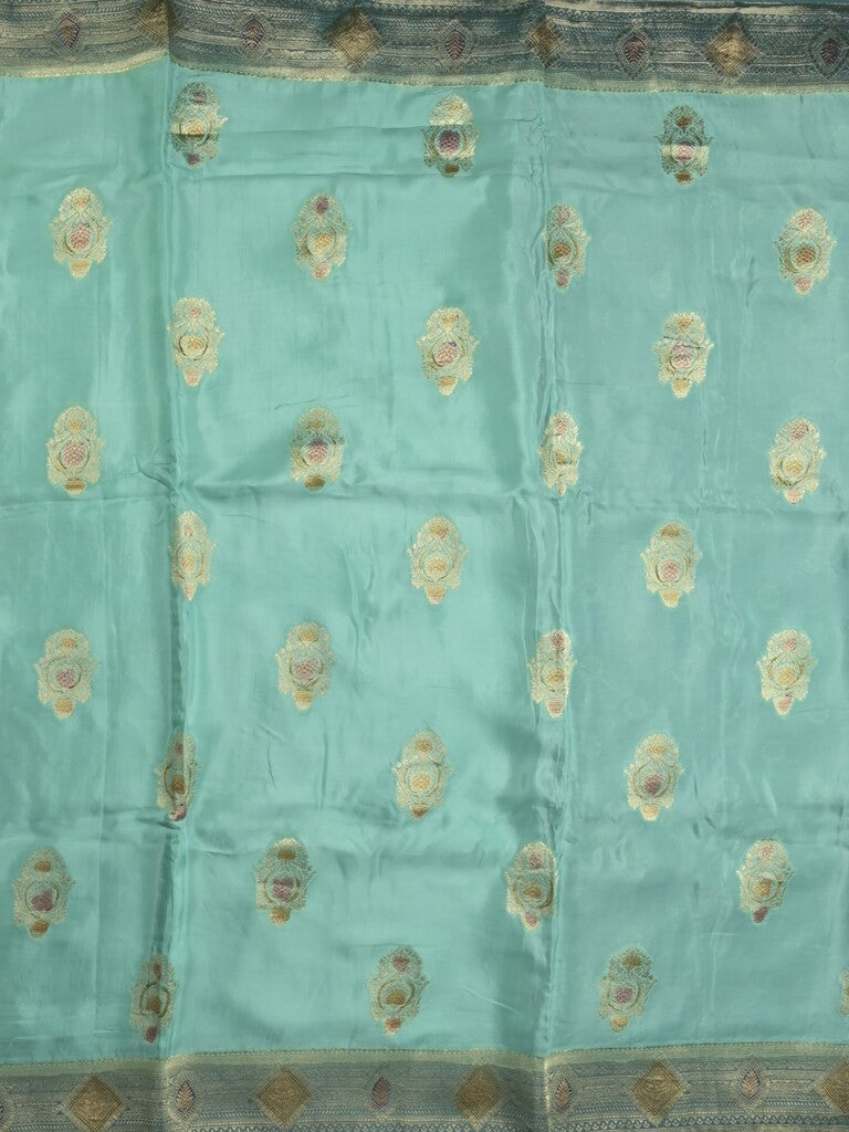 Dola silk fancy saree sky blue color allover prints & zari border with printed pallu and attached blouse