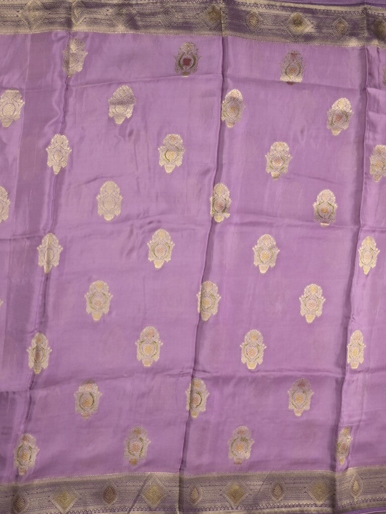 Dola silk fancy saree lavender color allover prints & zari border with printed pallu and attached blouse