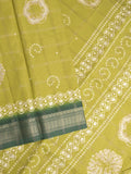 Dola silk fancy saree greenish yellow color allover prints & zari border with printed pallu and attached blouse