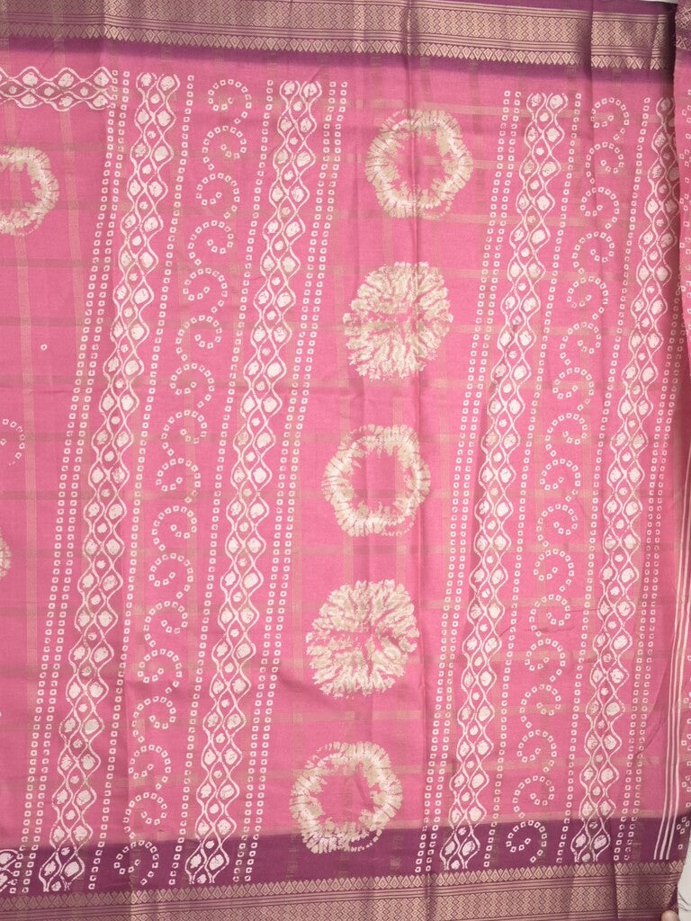Dola silk fancy saree rose pink color allover prints & zari border with printed pallu and attached blouse