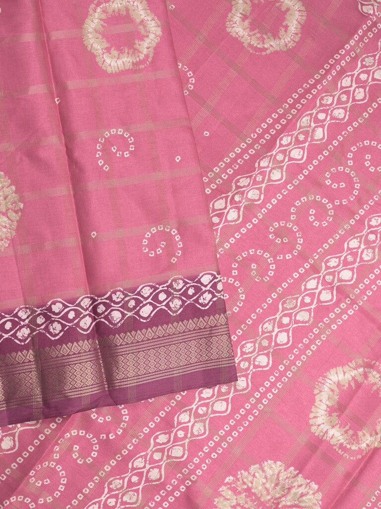 Dola silk fancy saree rose pink color allover prints & zari border with printed pallu and attached blouse