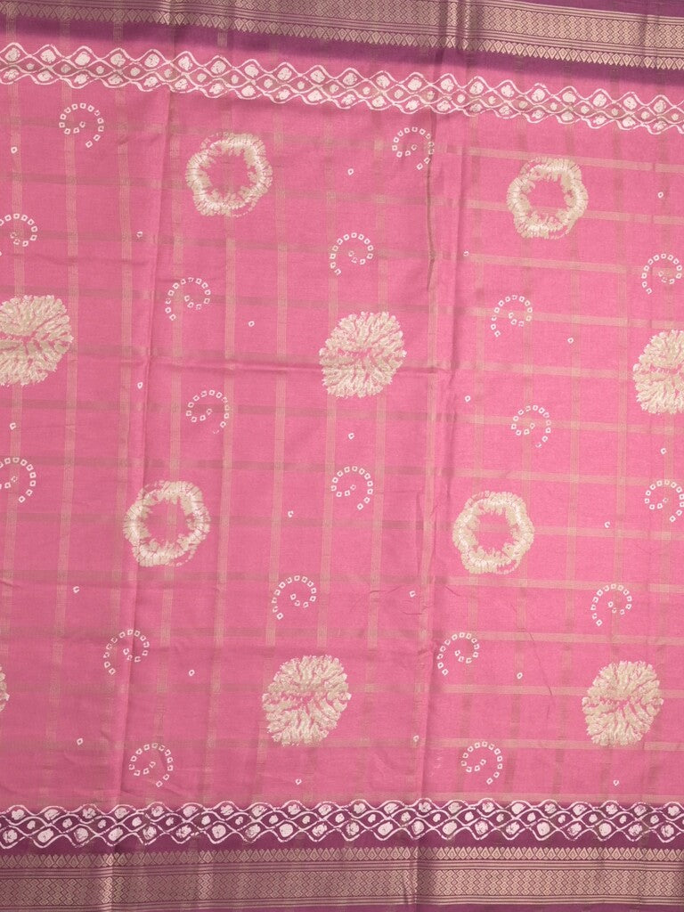Dola silk fancy saree rose pink color allover prints & zari border with printed pallu and attached blouse