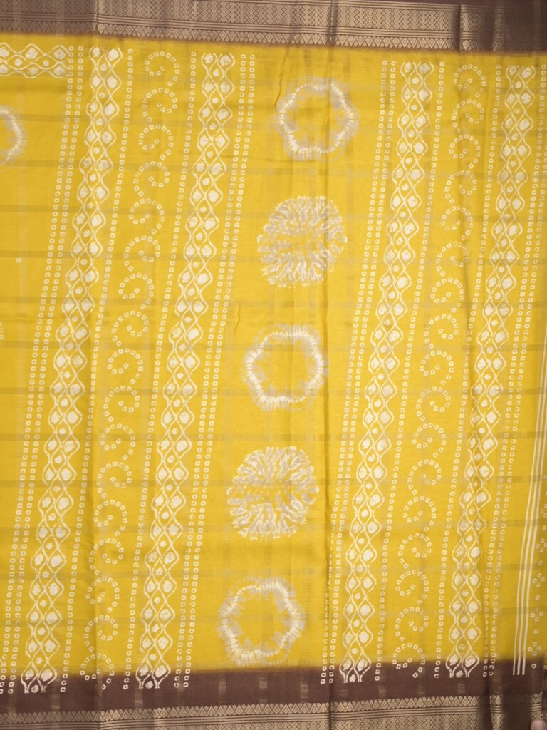 Dola silk fancy saree golden yellow color allover prints & zari border with printed pallu and attached blouse