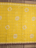 Dola silk fancy saree golden yellow color allover prints & zari border with printed pallu and attached blouse