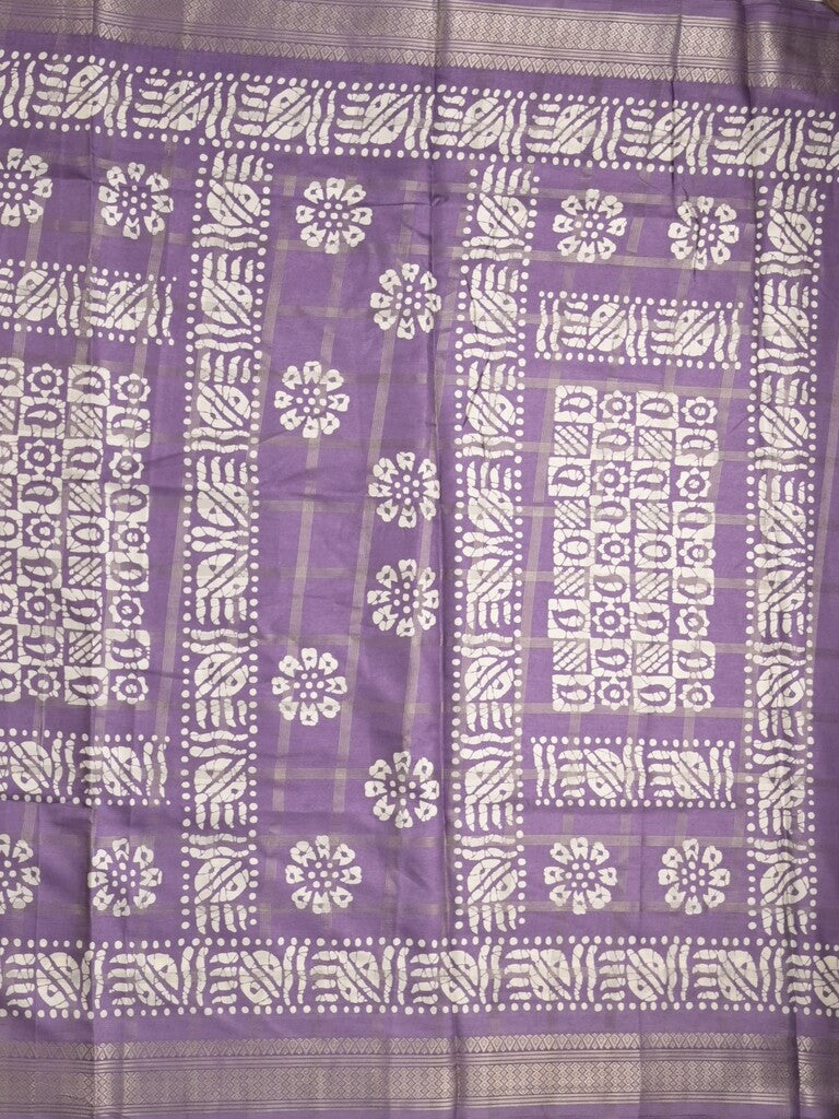 Dola silk fancy saree lavender color allover prints & zari border with printed pallu and attached blouse