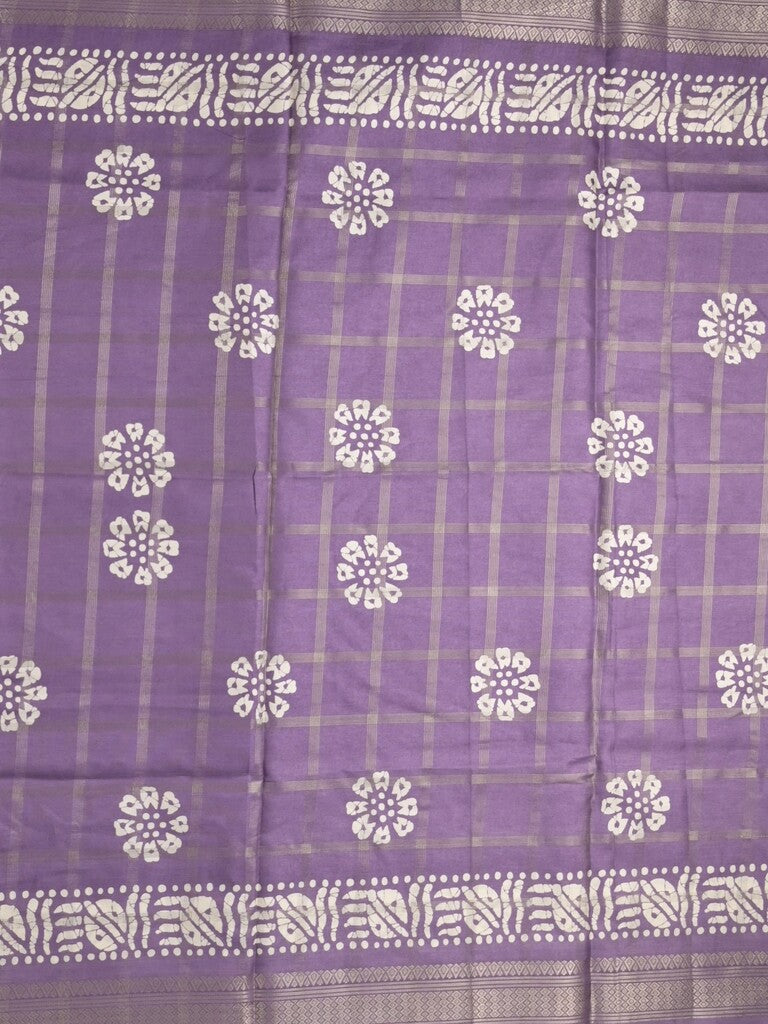 Dola silk fancy saree lavender color allover prints & zari border with printed pallu and attached blouse