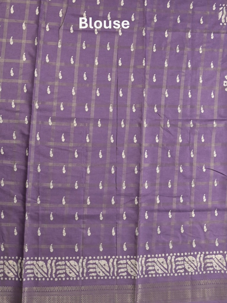 Dola silk fancy saree lavender color allover prints & zari border with printed pallu and attached blouse