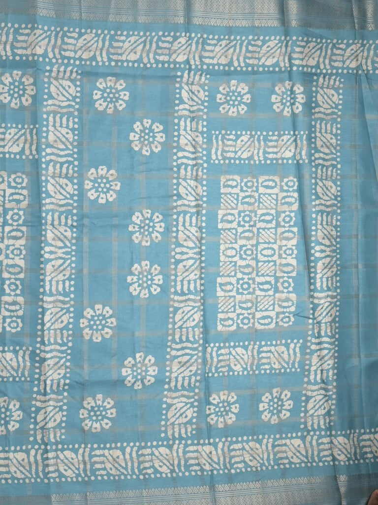 Dola silk fancy saree sky blue color allover prints & zari border with printed pallu and attached blouse