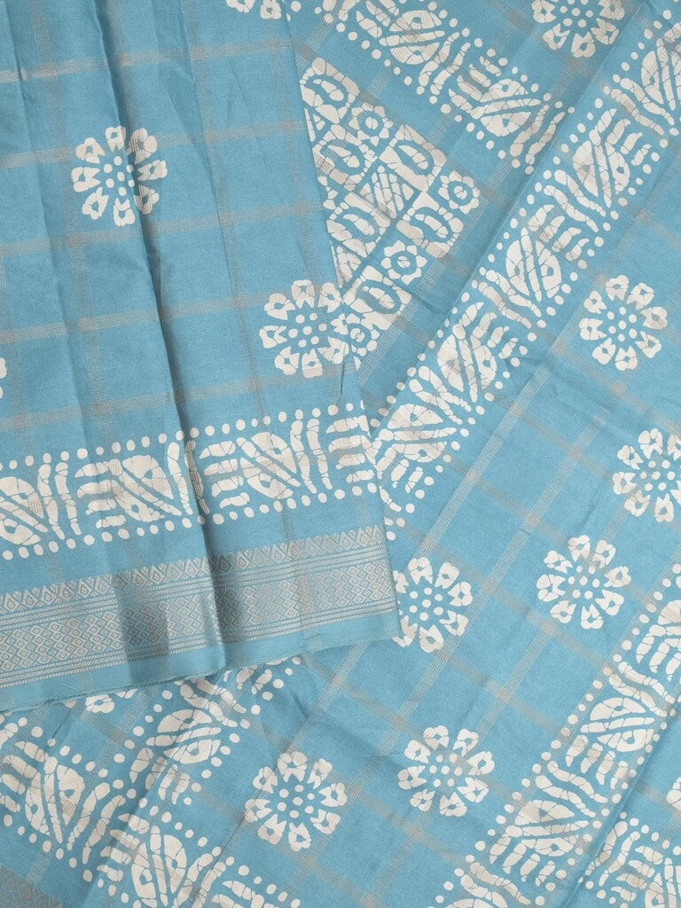 Dola silk fancy saree sky blue color allover prints & zari border with printed pallu and attached blouse
