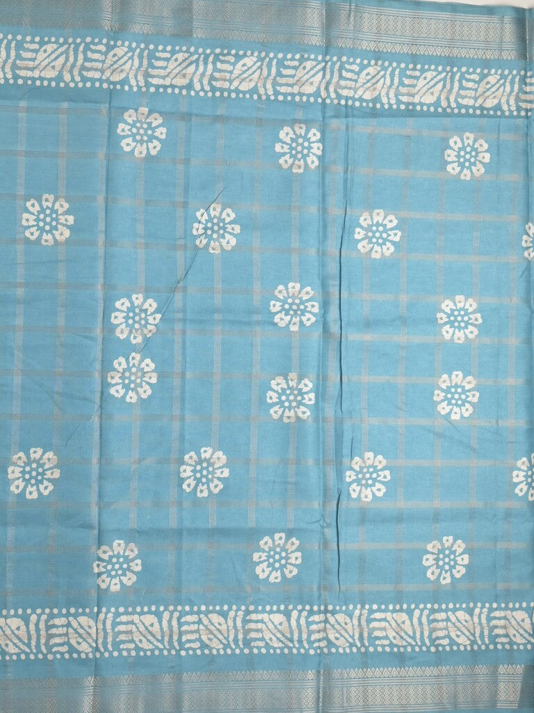 Dola silk fancy saree sky blue color allover prints & zari border with printed pallu and attached blouse