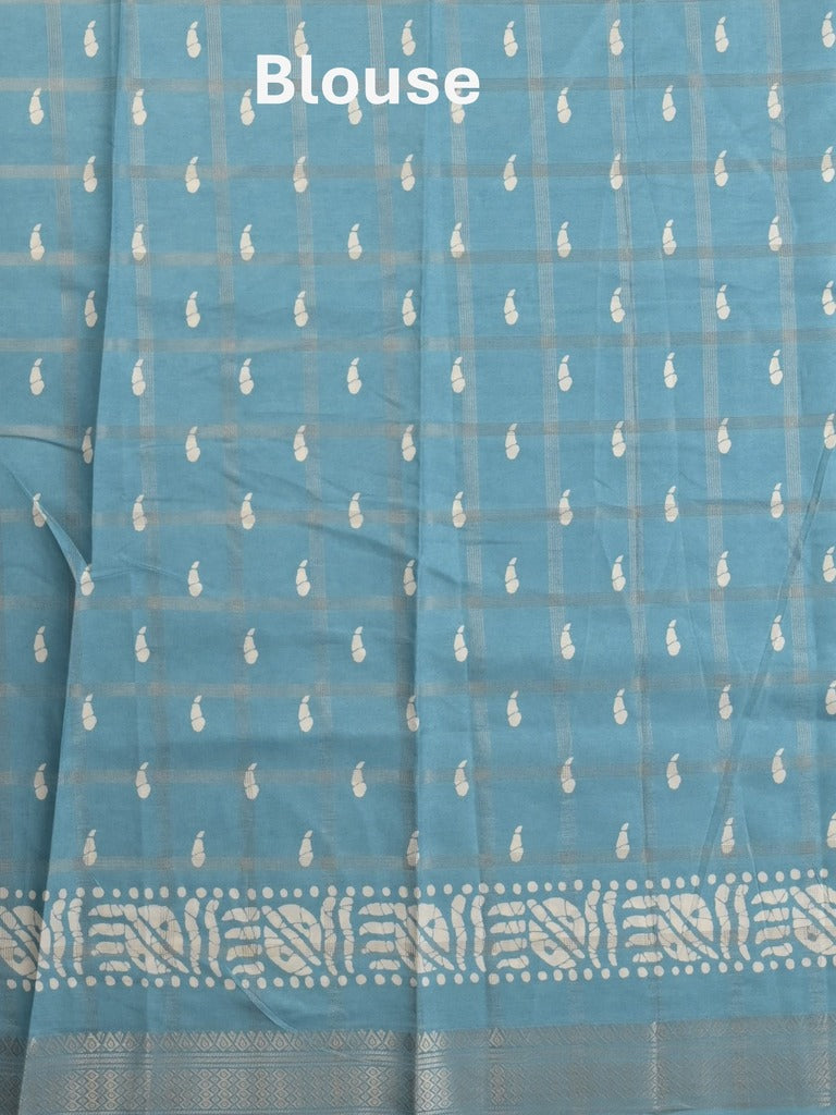 Dola silk fancy saree sky blue color allover prints & zari border with printed pallu and attached blouse