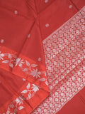 Raw mango fancy saree red color allover zari motifs & zari border with rich pallu and attached blouse