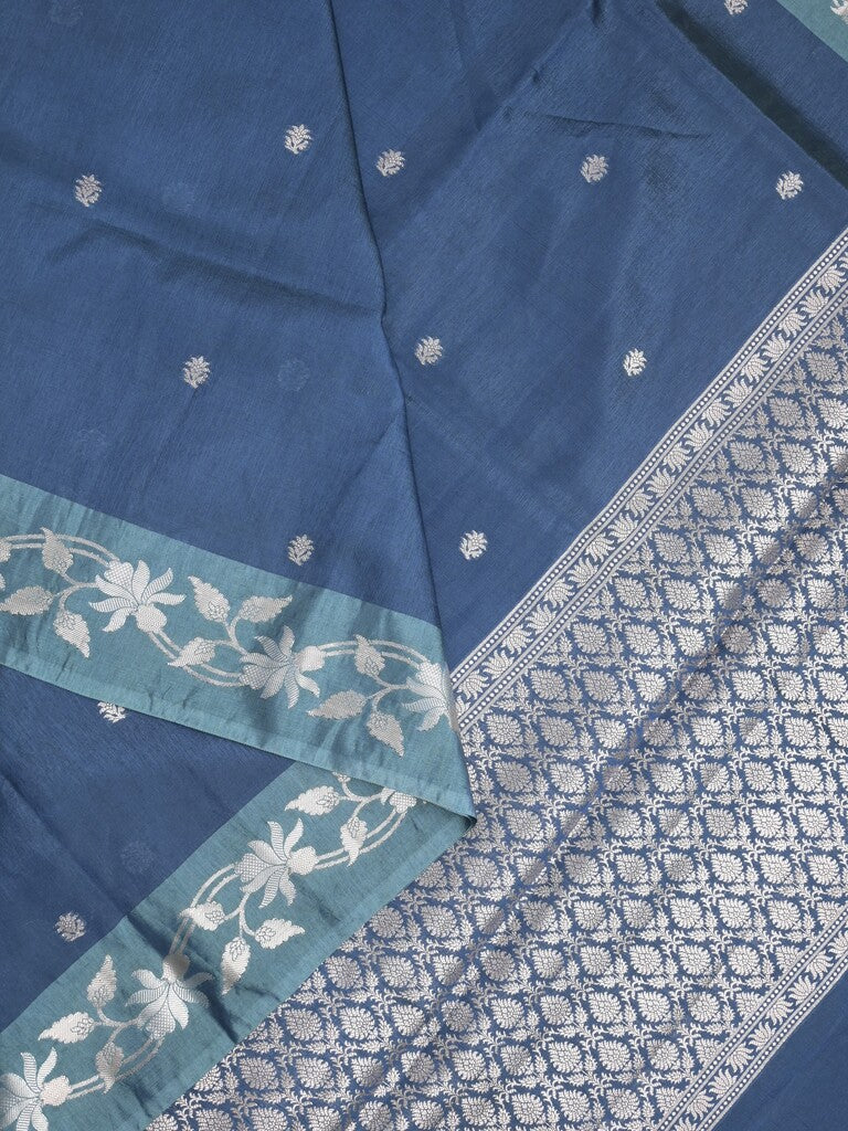 Raw mango fancy saree navy blue color allover zari motifs & zari border with rich pallu and attached blouse