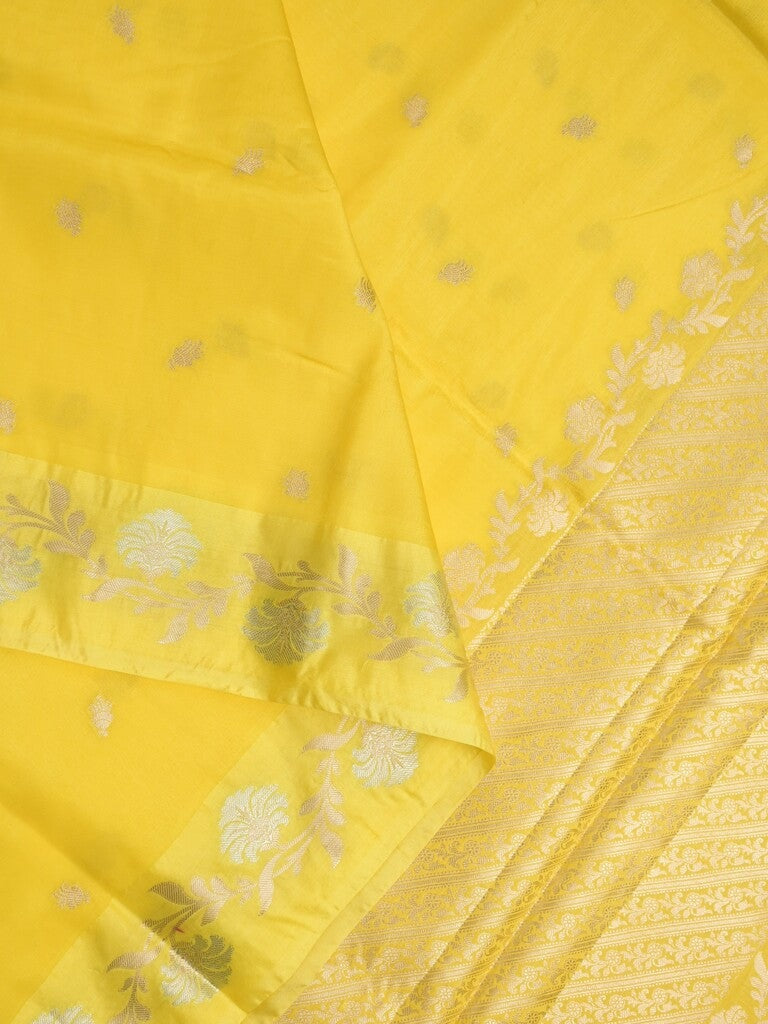 Raw mango fancy saree yellow color allover zari motifs & zari border with rich pallu and attached blouse