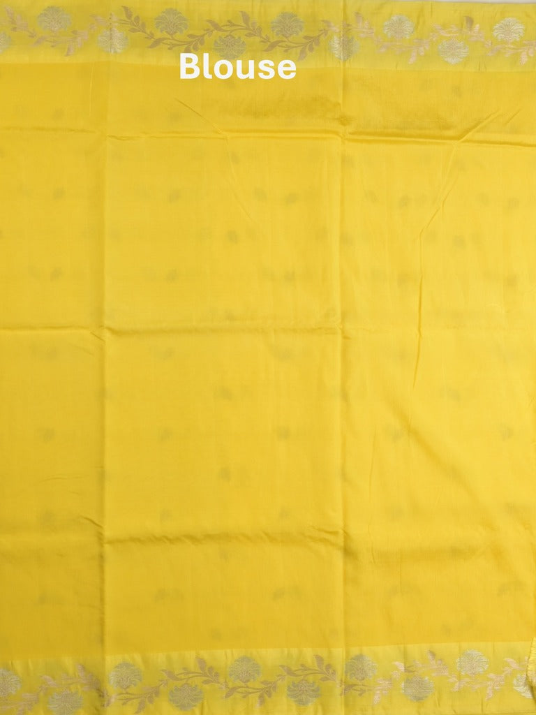 Raw mango fancy saree yellow color allover zari motifs & zari border with rich pallu and attached blouse