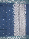 Raw mango fancy saree navy blue color allover zari motifs & zari border with rich pallu and attached blouse