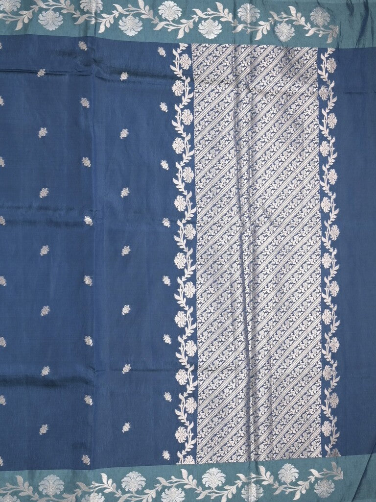 Raw mango fancy saree navy blue color allover zari motifs & zari border with rich pallu and attached blouse