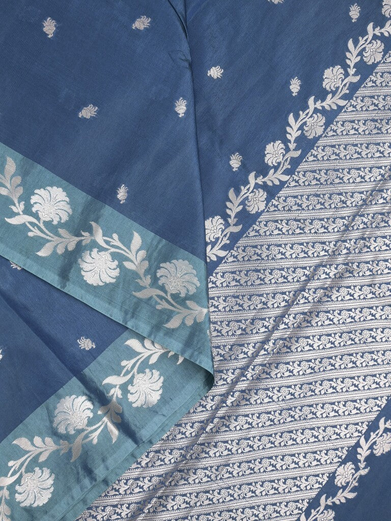 Raw mango fancy saree navy blue color allover zari motifs & zari border with rich pallu and attached blouse