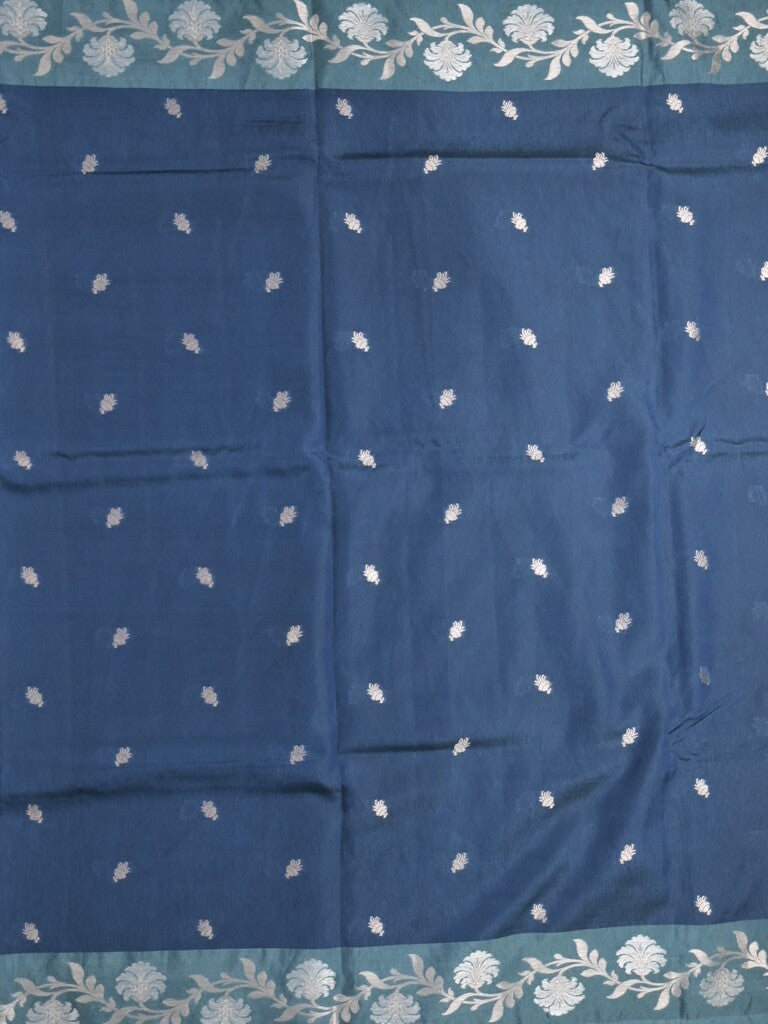 Raw mango fancy saree navy blue color allover zari motifs & zari border with rich pallu and attached blouse