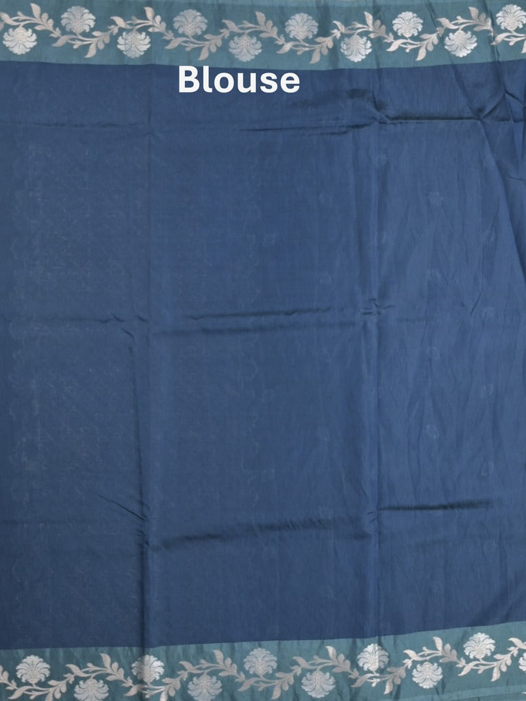 Raw mango fancy saree navy blue color allover zari motifs & zari border with rich pallu and attached blouse