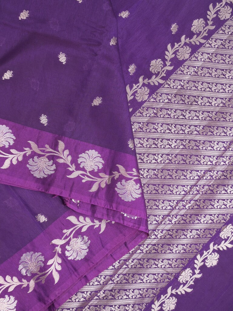 Raw mango fancy saree violet color allover zari motifs & zari border with rich pallu and attached blouse