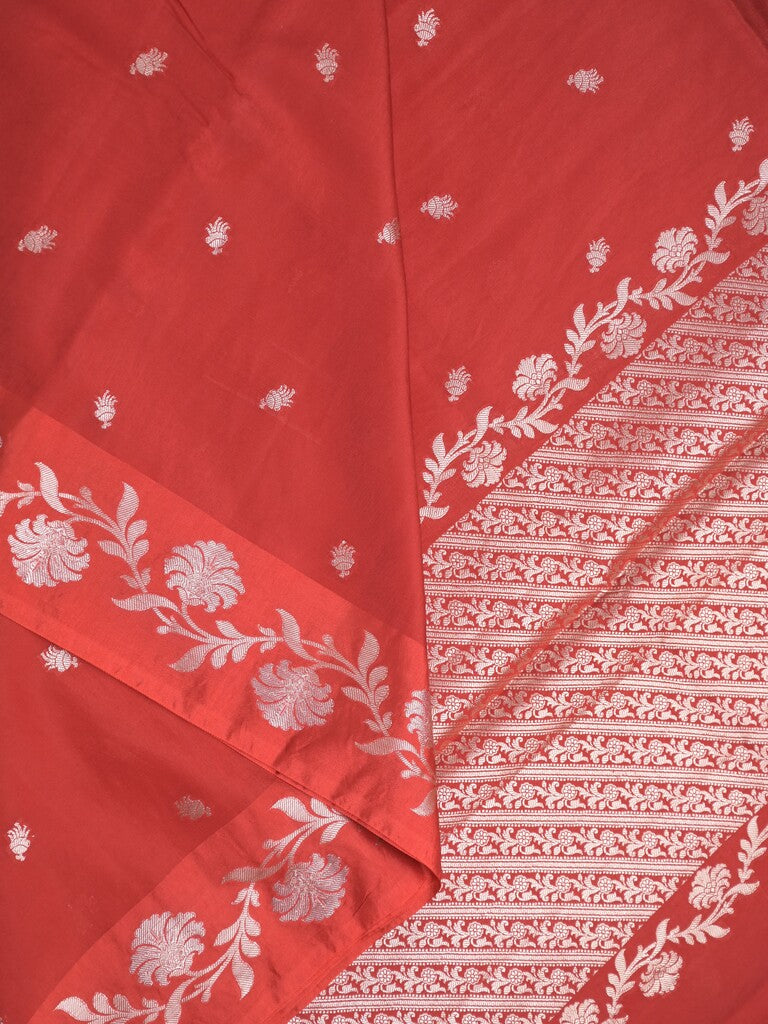 Raw mango fancy saree red color allover zari motifs & zari border with rich pallu and attached blouse