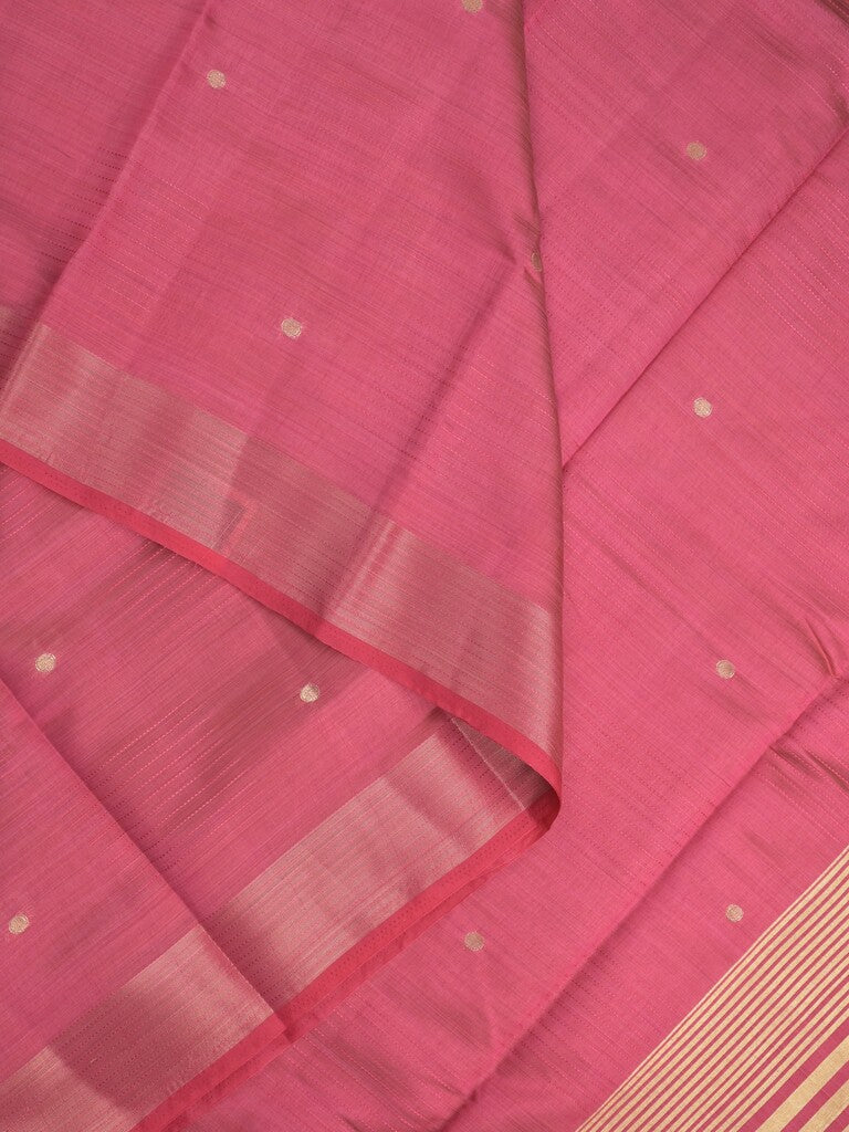 Dupion fancy saree pink color allover zari motifs & zari border with short pallu and attached blouse