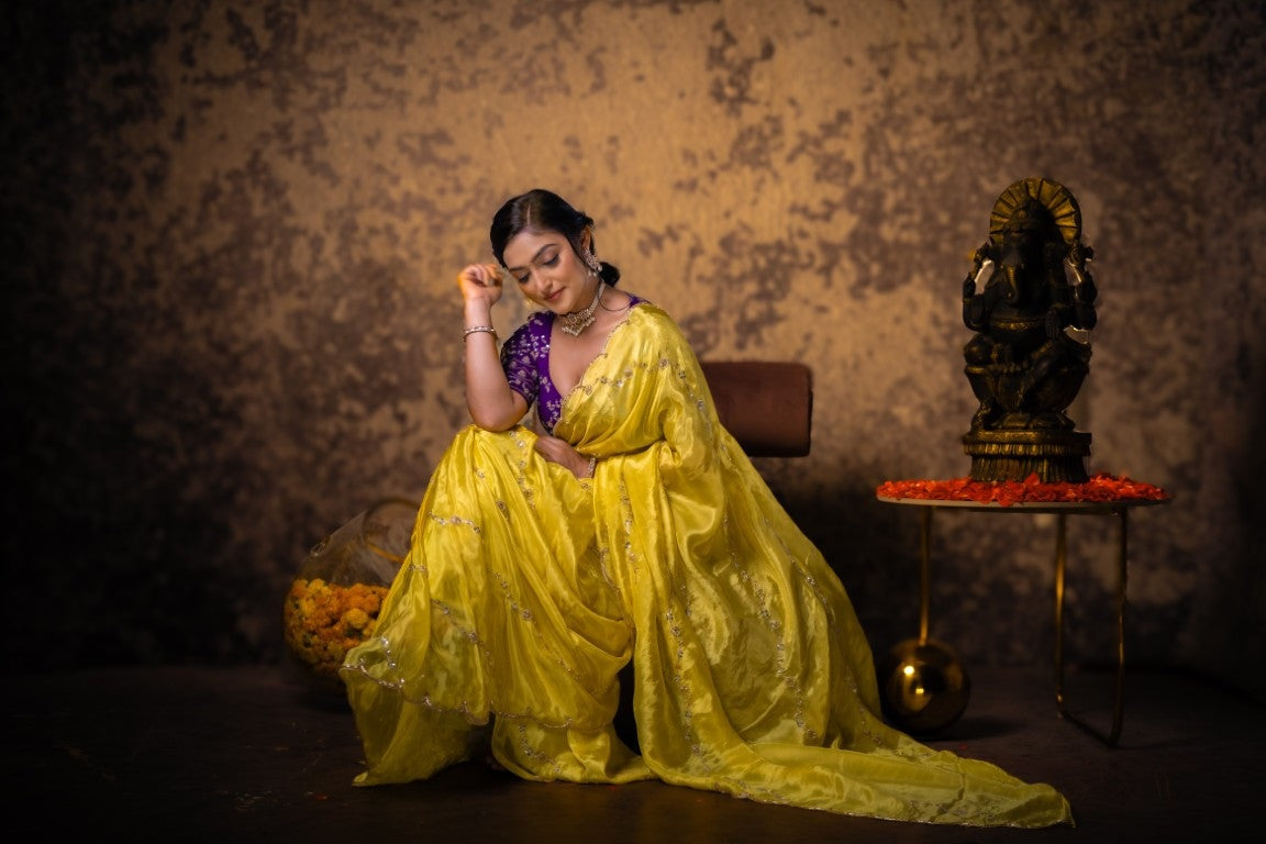 FABRIC ONLY Yellow color dola silk tissue fabric with allover weaves per meter