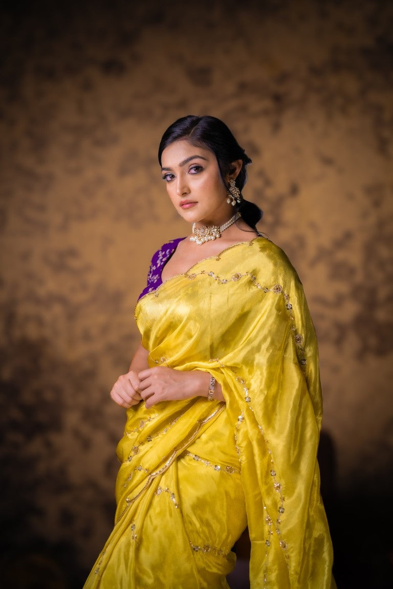 FABRIC ONLY Yellow color dola silk tissue fabric with allover weaves per meter