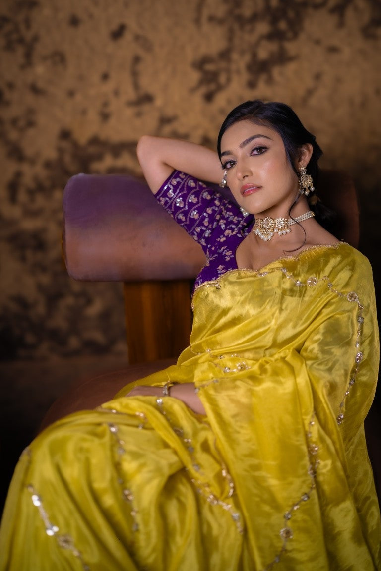 FABRIC ONLY Yellow color dola silk tissue fabric with allover weaves per meter