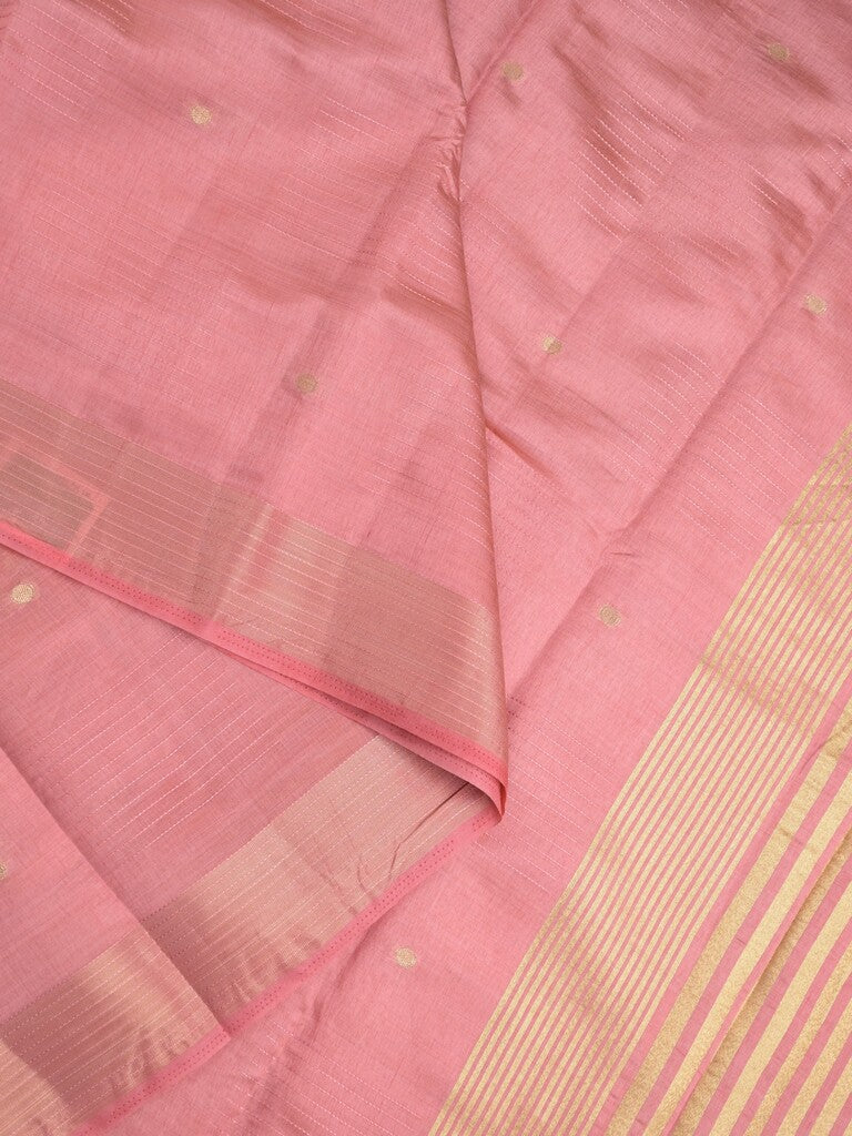 Dupion fancy saree baby pink color allover zari motifs & zari border with short pallu and attached blouse