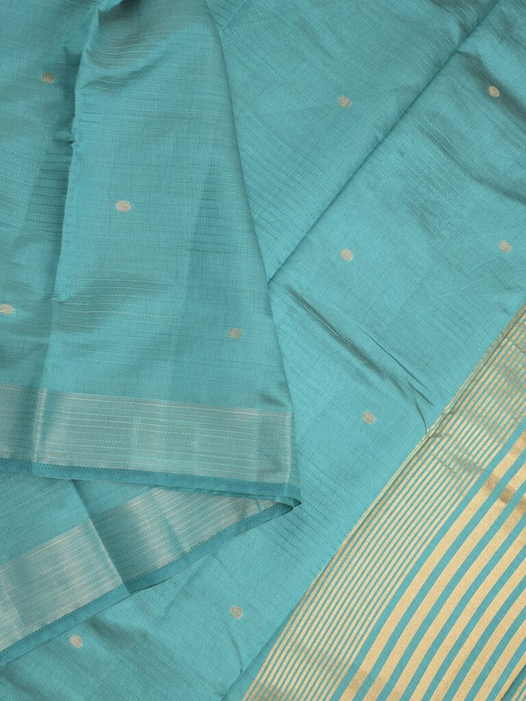 Dupion fancy saree sky blue color allover zari motifs & zari border with short pallu and attached blouse