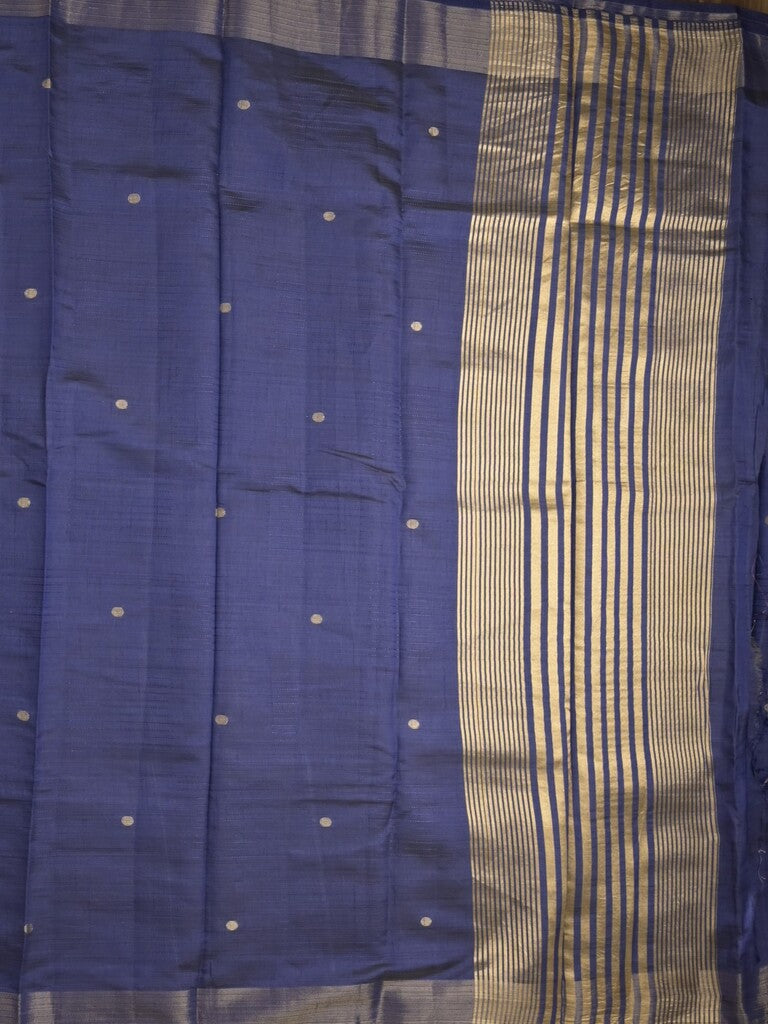 Dupion fancy saree navy blue color allover zari motifs & zari border with short pallu and attached blouse