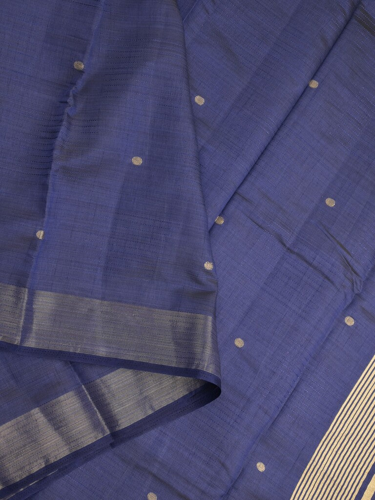 Dupion fancy saree navy blue color allover zari motifs & zari border with short pallu and attached blouse