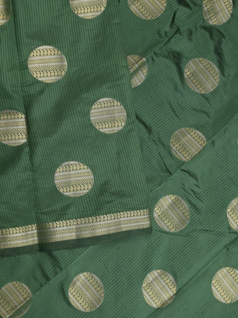 Dupion fancy saree bottle green color allover zari weaves & zari border with short pallu and attached blouse