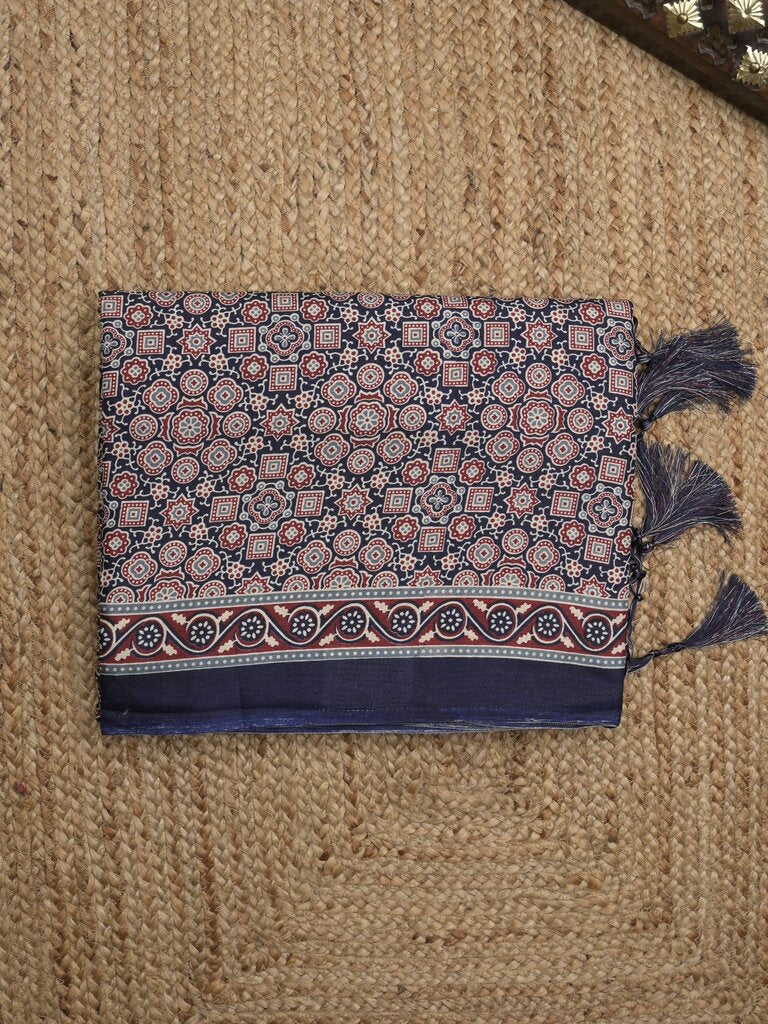 Tussar fancy printed saree with printed border and attached contrast blouse