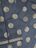 Dupion fancy saree navy blue color allover zari weaves & zari border with short pallu and attached blouse