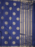 Dupion fancy saree royal blue color allover zari weaves & zari border with short pallu and attached blouse