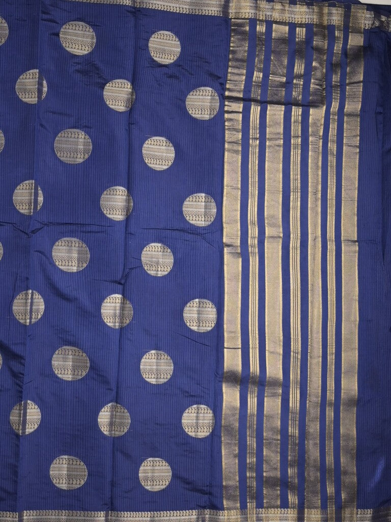 Dupion fancy saree royal blue color allover zari weaves & zari border with short pallu and attached blouse