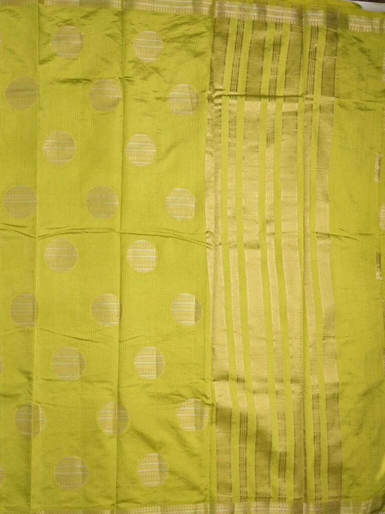 Dupion fancy saree parrot green color allover zari weaves & zari border with short pallu and attached blouse