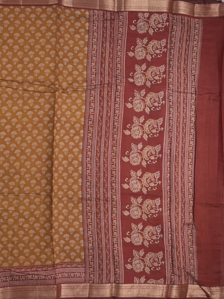 Maheshwari fancy saree mustard yellow color allover prints & zari border with printed pallu and plain blouse