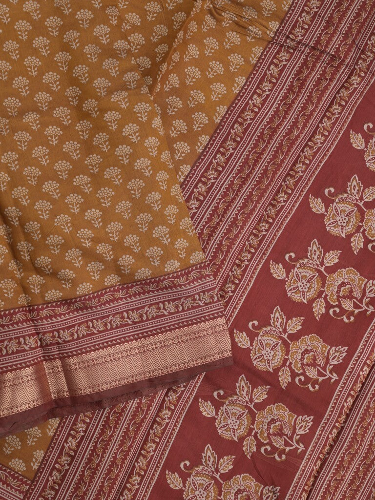 Maheshwari fancy saree mustard yellow color allover prints & zari border with printed pallu and plain blouse