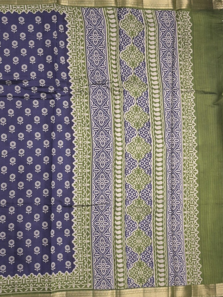 Maheshwari fancy saree navy blue color allover prints & zari border with printed pallu and plain blouse