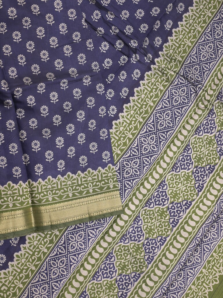 Maheshwari fancy saree navy blue color allover prints & zari border with printed pallu and plain blouse
